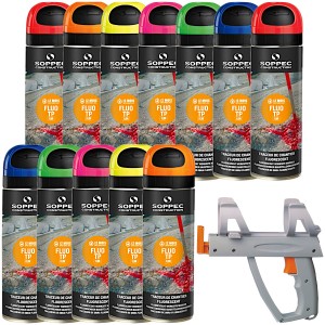 Farba geodezyjna w sprayu SOPPEC Fluo TP 12szt. miks + Pistolet do farb
