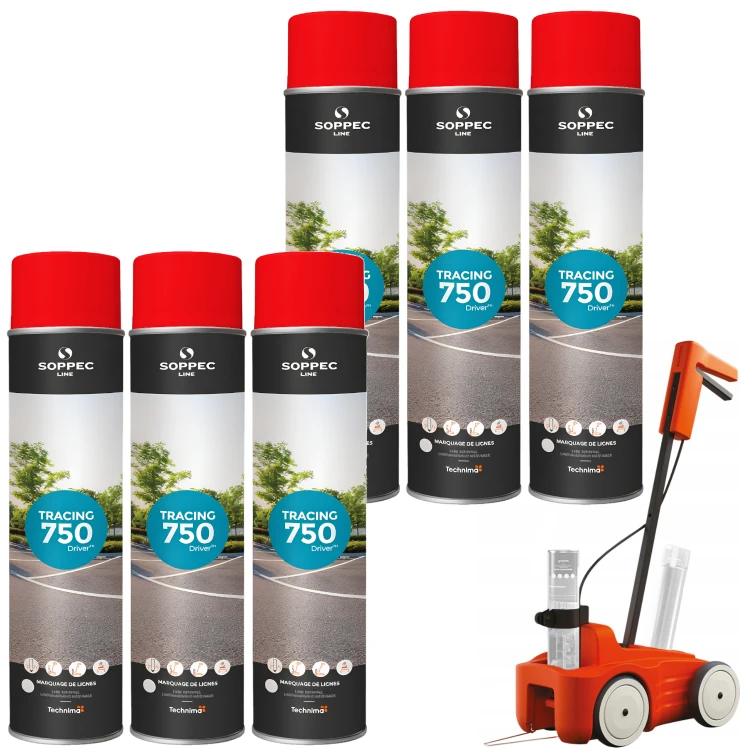SOPPEC Farba spray do znakowania linii czerwona TRACING 750ml 151804 6 sztuk + wózek