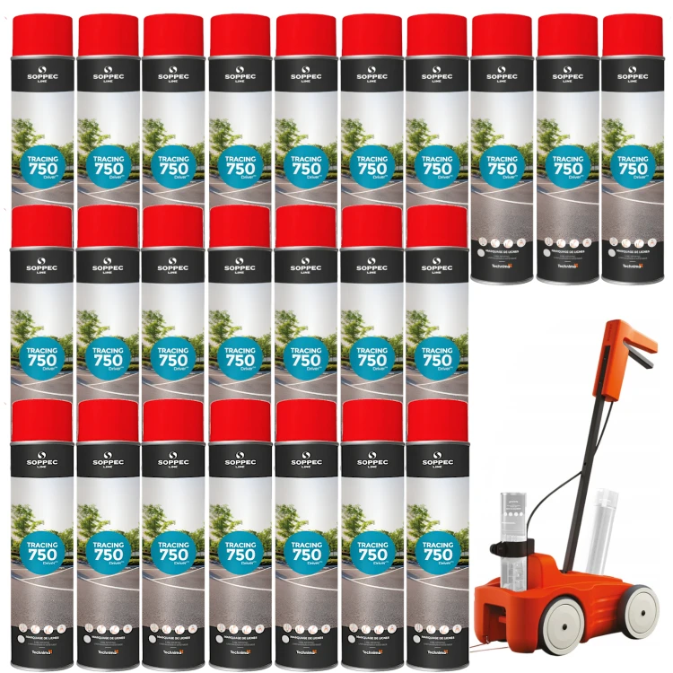 SOPPEC Farba spray do znakowania linii czerwona TRACING 750ml 151804 24 sztuki + wózek