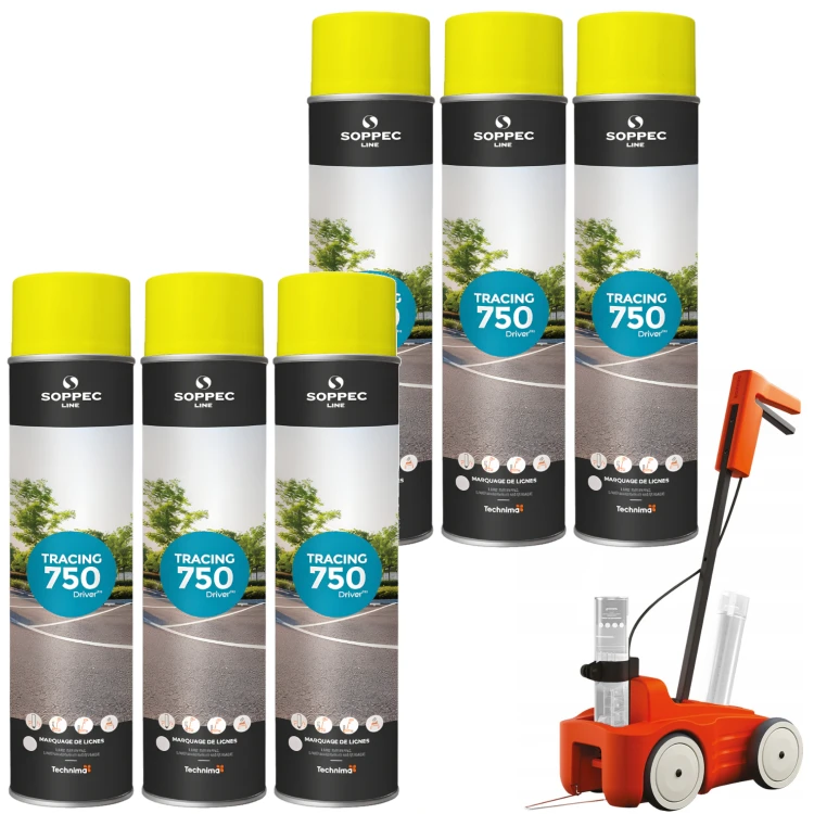 SOPPEC Farba spray do znakowania linii żółta TRACING 750ml 151802 6 sztuk + wózek