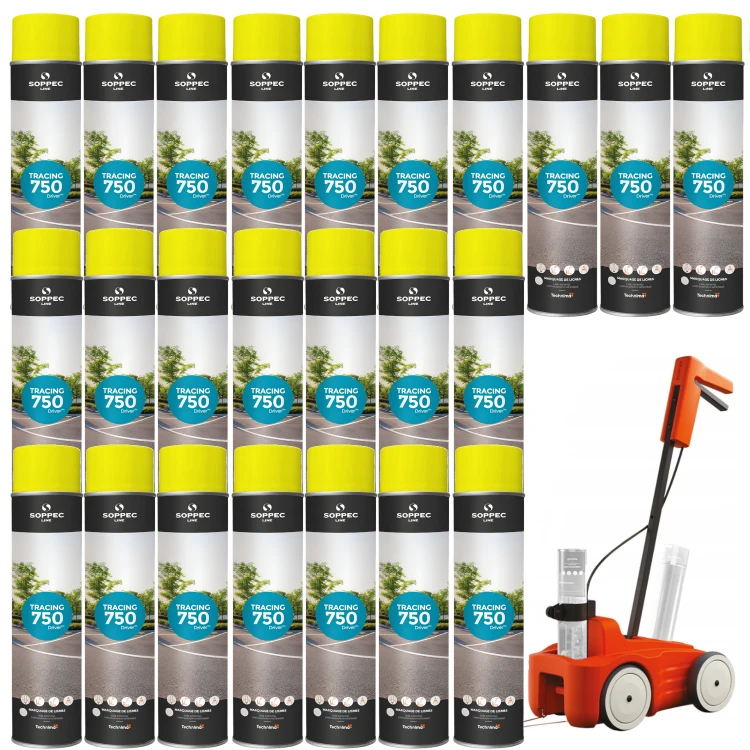 SOPPEC Farba spray do znakowania linii żółta TRACING 750ml 151802 24 sztuki + wózek