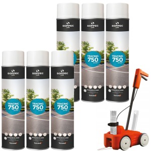 SOPPEC Farba spray do znakowania linii biała TRACING 750ml 151800 6 sztuk + wózek