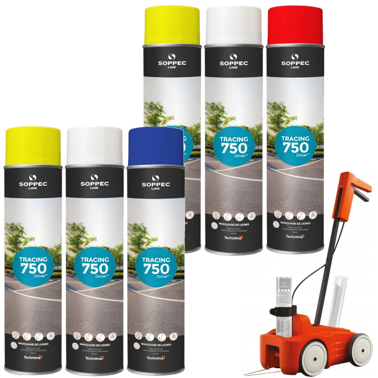 SOPPEC Farba spray do znakowania linii mix kolorów TRACING 750ml 15180X 6 sztuk + wózek